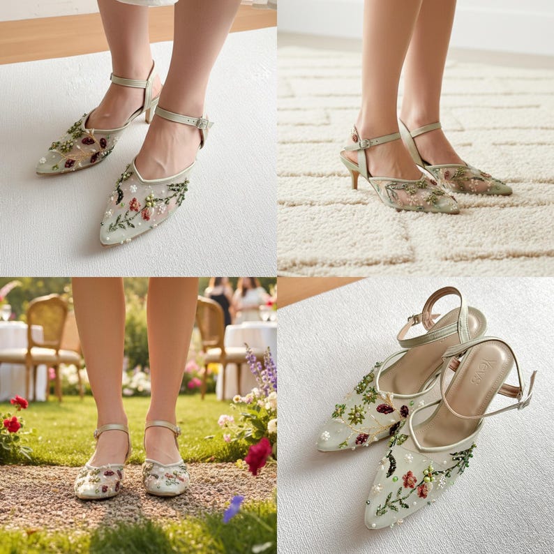 Salbei grün Stickerei Hochzeitsgast schlichter eleganter Schuh, klassischer Party Schuh, Komfort Schuhwerk für Party, handgemachte Absätze, formeller Party Schuh Bild 2