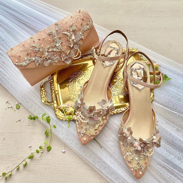 rose gold wedding floral brocade shoe, glam royal wedding shoe heel, pretty classy elegant wedding shoe, 3d floral bridal high heel