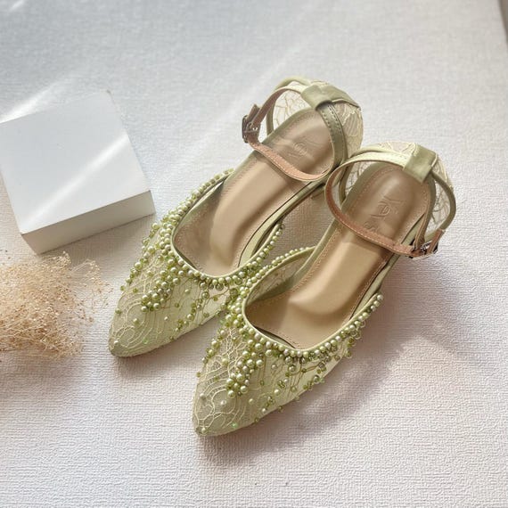 sage green pearl beaded wedding shoe, lace romantic bridal shoe, closes toe minimalist bridesmaid heel, modest elegant bridal flats