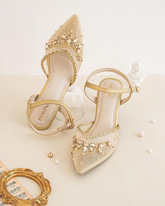 Bridal wedding shoes Low-heeled French bridesmaid shoes Gold single shoes  Women's gradient flat heel wedding