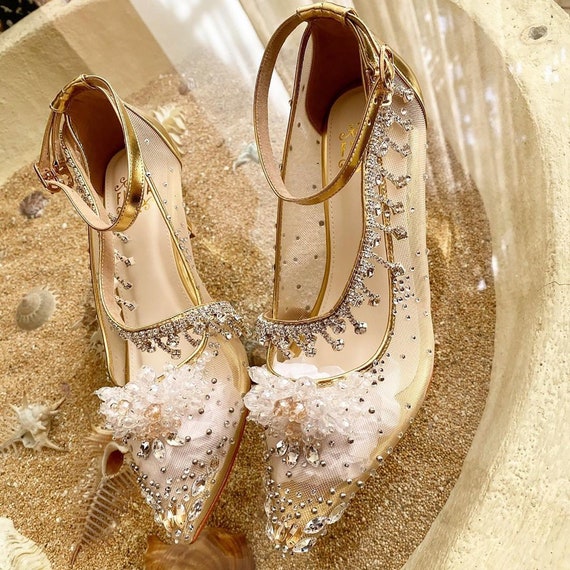 Gold Clear Cinderella Pump Shoes Crystal Wedding Shoes 