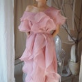 premium woman organza dress, drapped wedding guest gown, ruffled vintage prom dress, holiday woman formal attire, drapery midi dress product logo
