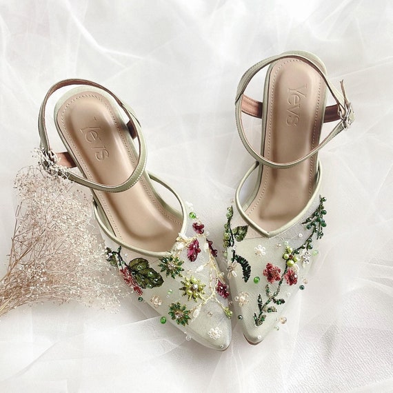 sage green embroidery wedding guest simple elegant shoe, classy party shoe, comfort footwear for party, handmade heels, formal party shoe