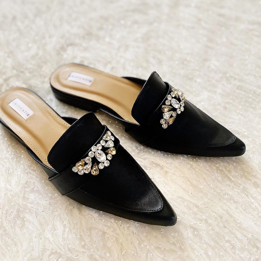 Black Simple Suede Rhinestone Mules, Classic Woman Formal Sandal