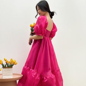 Robe en organza à manches bouffantes rose fuchsia, robe élégante de fête simple, robe de princesse Cendrillon, robe fluide élégante cercle, robe de cocktail image 4