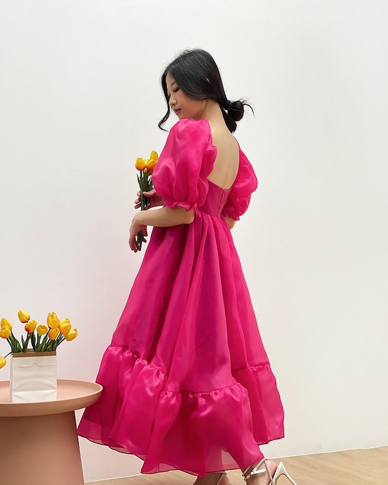 Robe en organza à manches bouffantes rose fuchsia, robe élégante de fête simple, robe de princesse Cendrillon, robe fluide élégante cercle, robe de cocktail image 4