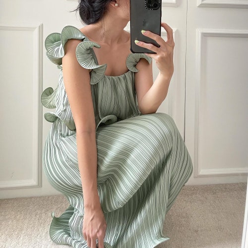 Sage Green Pleated Satin Dress Peplum Casual Woman Dress - Etsy