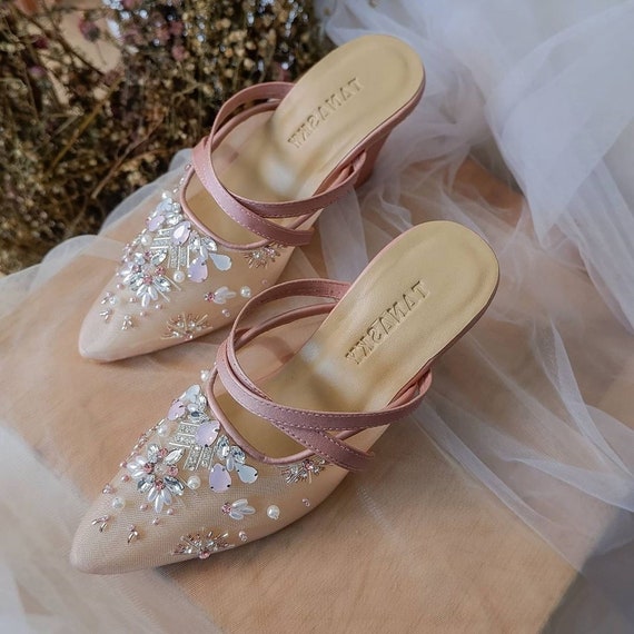 Dusty Pink Floral Embroidery Beaded Mules Rhinestone Tule Clogs