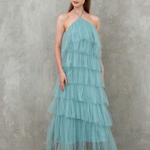 aquamarine blue halter dress Leny Womens Aquamarine Cascade Backless Woven Maxi Dress Xs