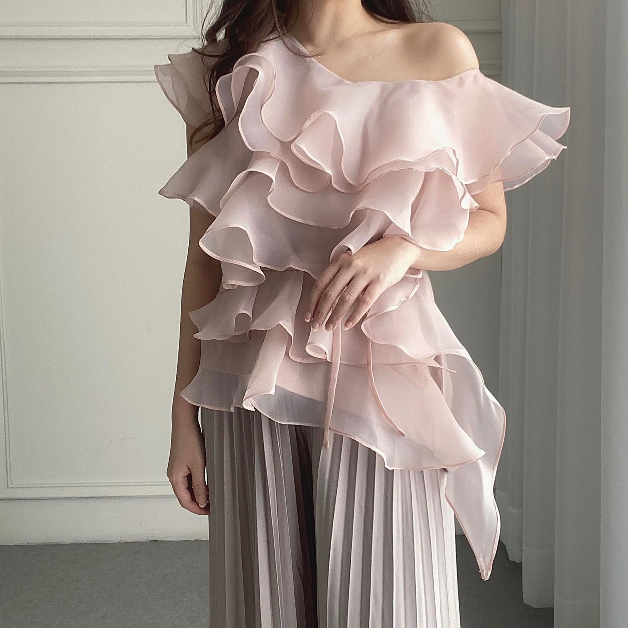 Off Shoulder Minimalist Organza Frill Top, Ruffle Pretty