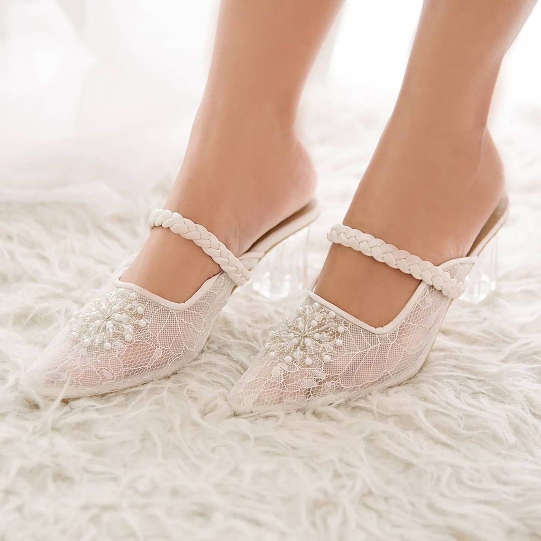 Ivory Wedding Mule Glass Heels Pointed Toe Bridal Shoe - Etsy