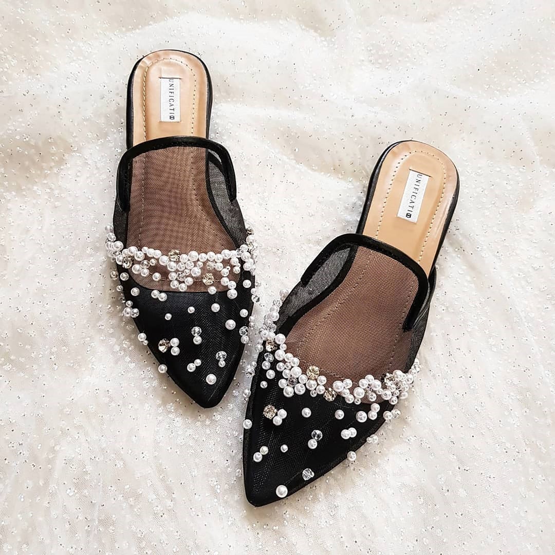 Black Transparent Woman Formal Mules, Mesh Tulle Embroidered Mule