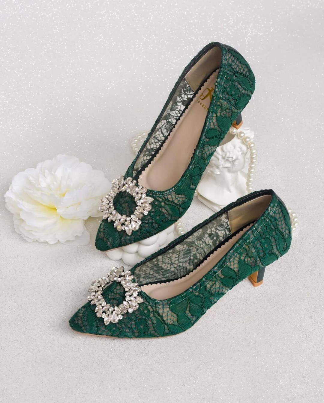 Emerald Green Lace Pump Shoe, Formal Wedding Guest Pointed Toe Shoe