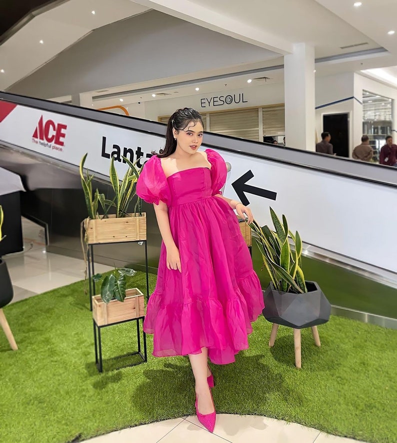 Robe en organza à manches bouffantes rose fuchsia, robe élégante de fête simple, robe de princesse Cendrillon, robe fluide élégante cercle, robe de cocktail image 6