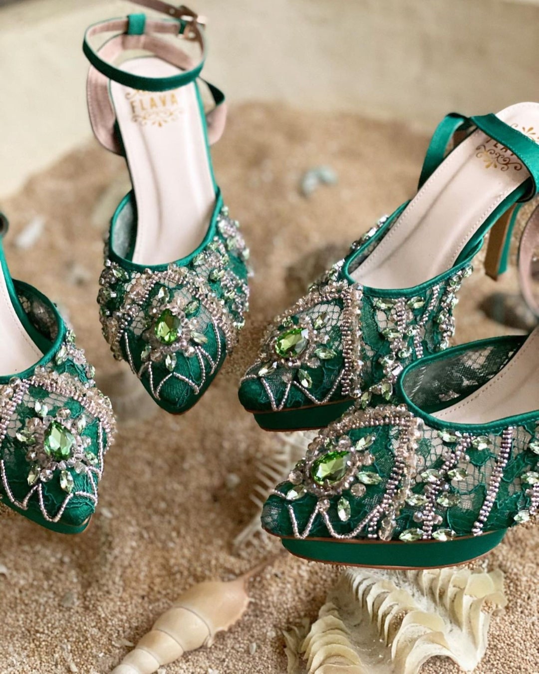 Emerald Green Beaded Wedding Shoe, Classic Pointed Toe Party Shoe ...