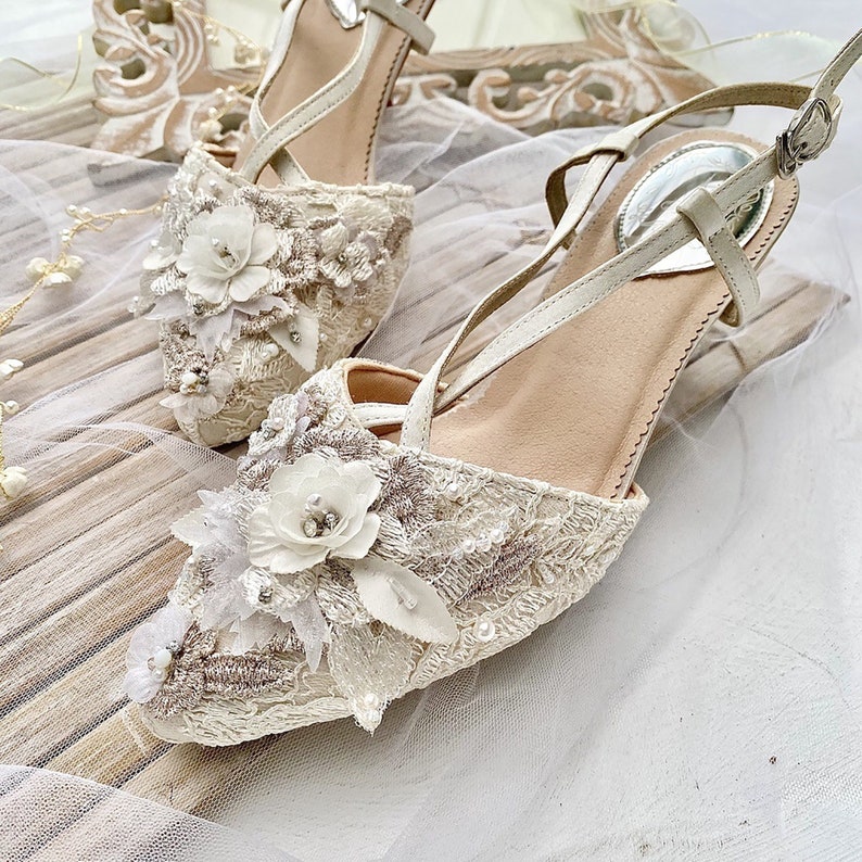 Ivory Kitten Heels Wedding Sandal Lace Floral Bridal Shoes - Etsy