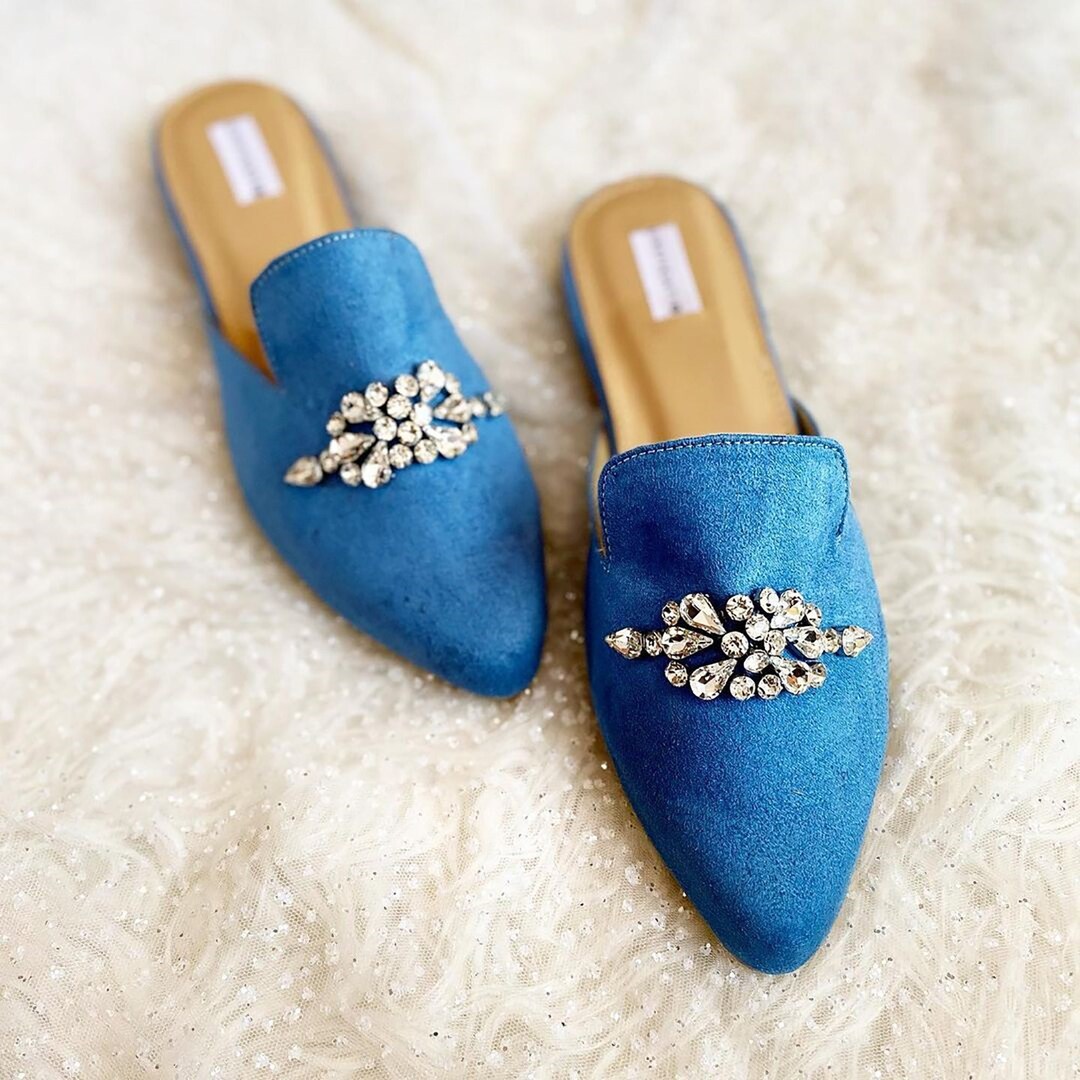 Peacock Blue Suede Beaded Mules Classy Elegant Formal Sandal Simple Embroidery Slipper Rhinestone Handmade Clogs Glam Unique Custom Mule Etsy