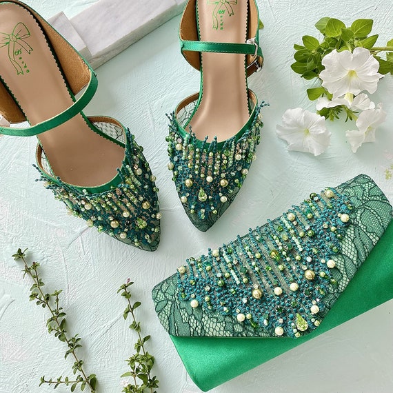 Zapato de boda con cuentas verde esmeralda zapato y embrague de