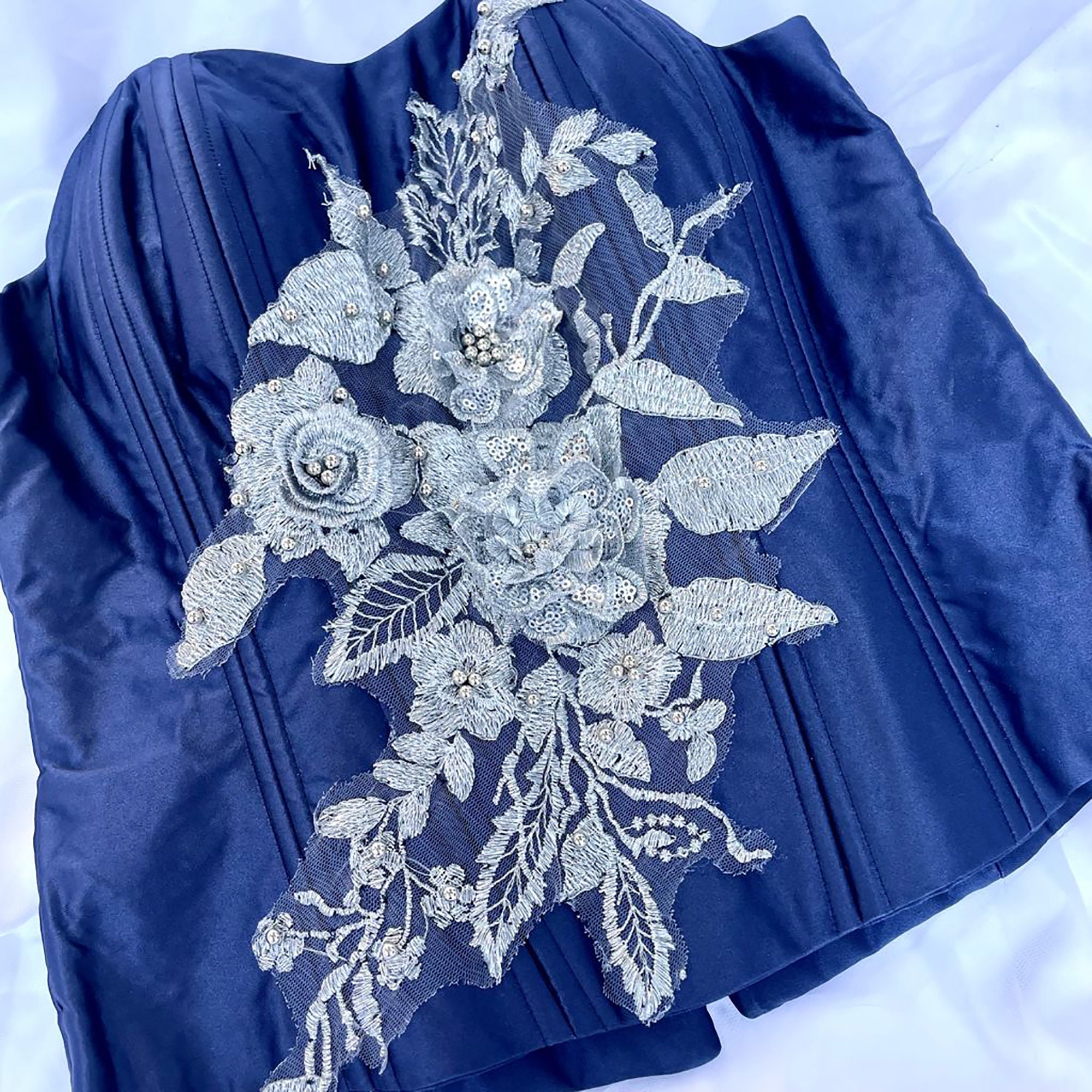 Navy Blue Bridal Corset Embroidery Prom Floral Classy Etsy