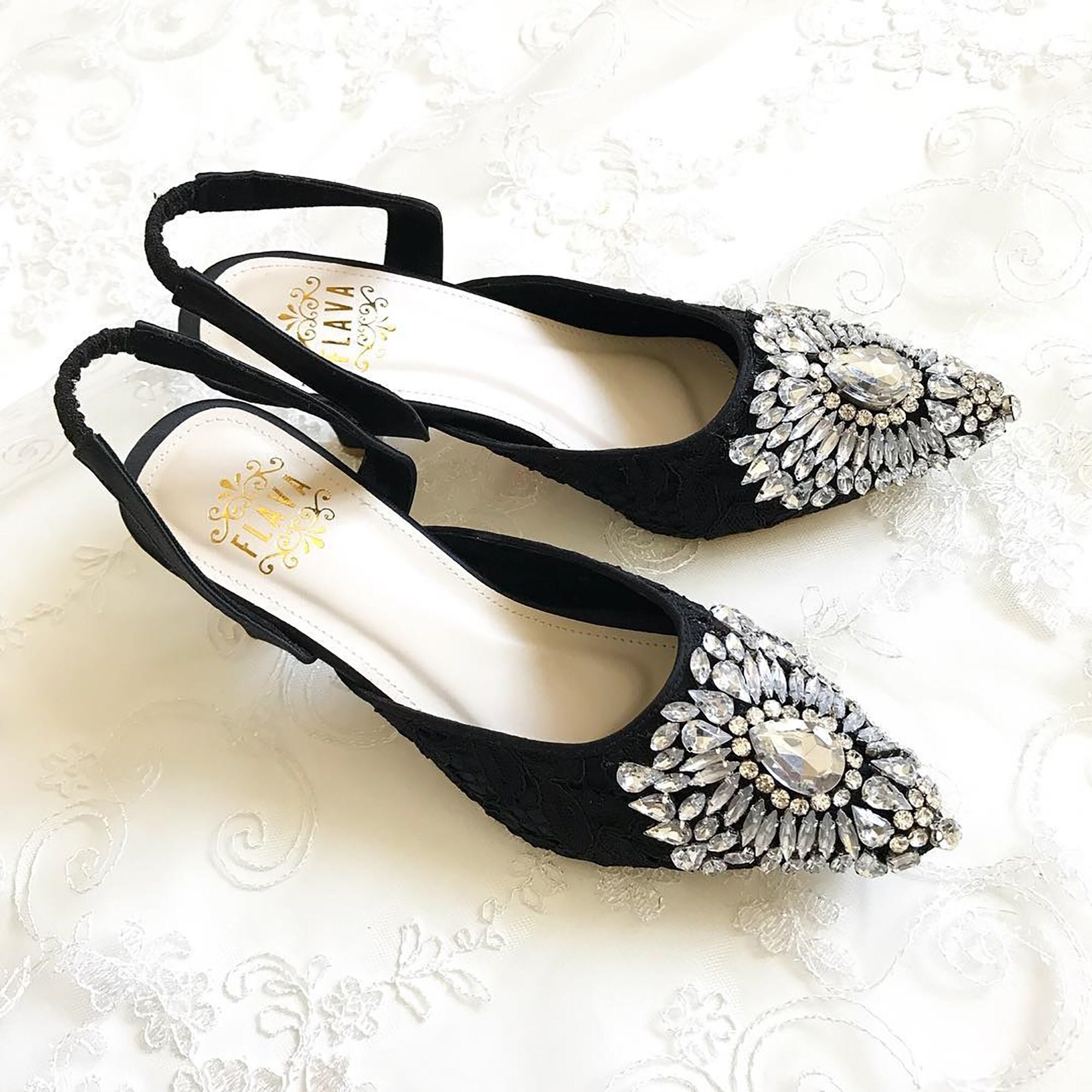 Black Lace Rhinestone Flat Shoe, Elegant Evening Party Ankle Strap