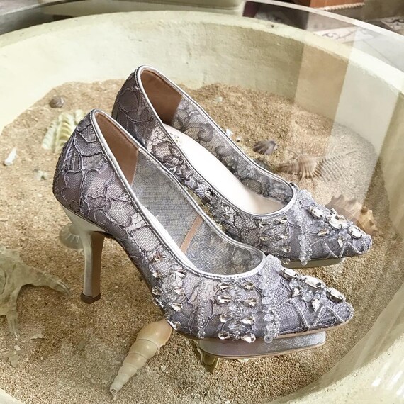 silver gray lace wedding shoe, elegant embroidered party heels, rhinestone bridal princess shoe, stiletto wedding guest shoe, custom shoe