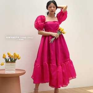 Robe en organza à manches bouffantes rose fuchsia, robe élégante de fête simple, robe de princesse Cendrillon, robe fluide élégante cercle, robe de cocktail image 3