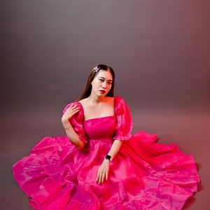 Robe en organza à manches bouffantes rose fuchsia, robe élégante de fête simple, robe de princesse Cendrillon, robe fluide élégante cercle, robe de cocktail image 5