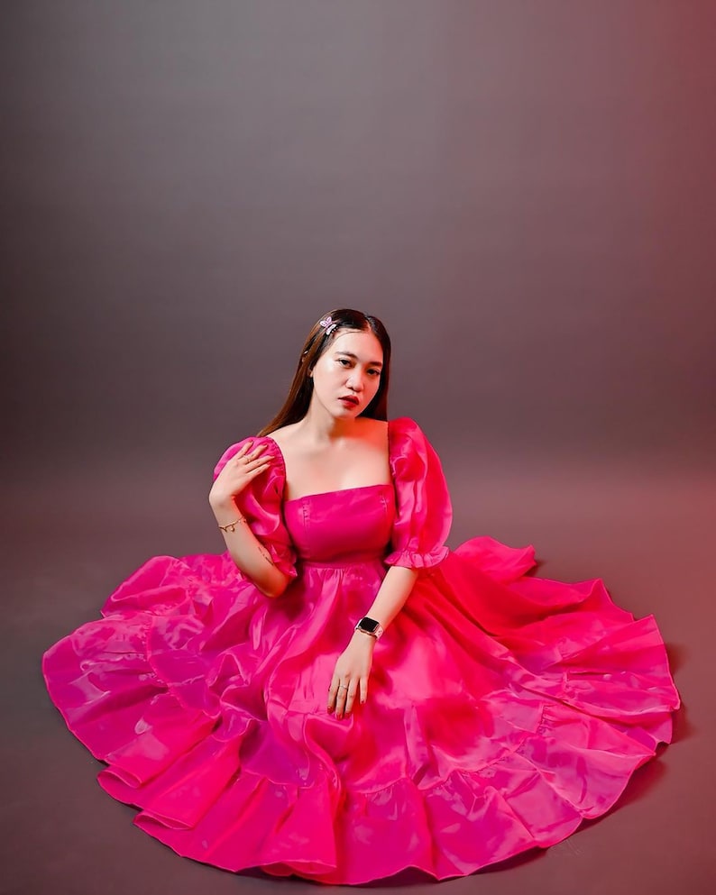 Robe en organza à manches bouffantes rose fuchsia, robe élégante de fête simple, robe de princesse Cendrillon, robe fluide élégante cercle, robe de cocktail image 5