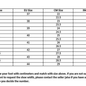 May include: Sizing guide for shoes, showing US, EU, CM, and inch sizes. The chart lists corresponding sizes for men's shoes from size 5 to 12.