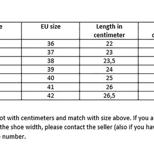 May include: Sizing guide for shoes in US and EU sizes. The table shows the corresponding US shoe size, EU shoe size, length in centimetres, and width in centimetres.