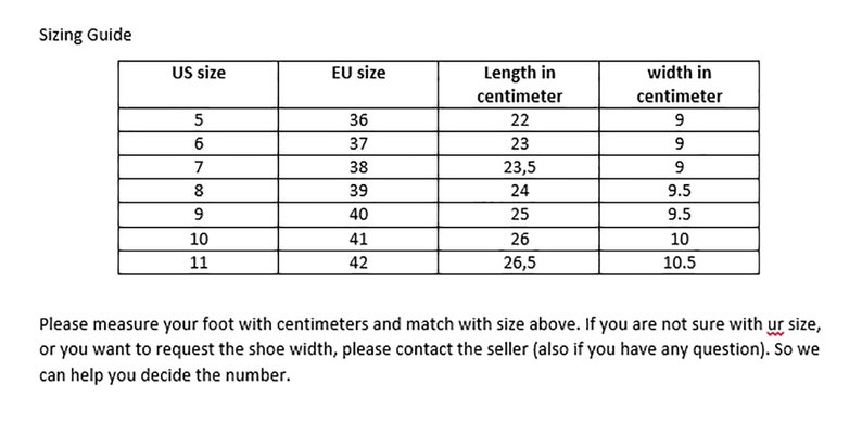 May include: Sizing guide for shoes in US and EU sizes. The table shows the corresponding US shoe size, EU shoe size, length in centimetres, and width in centimetres.