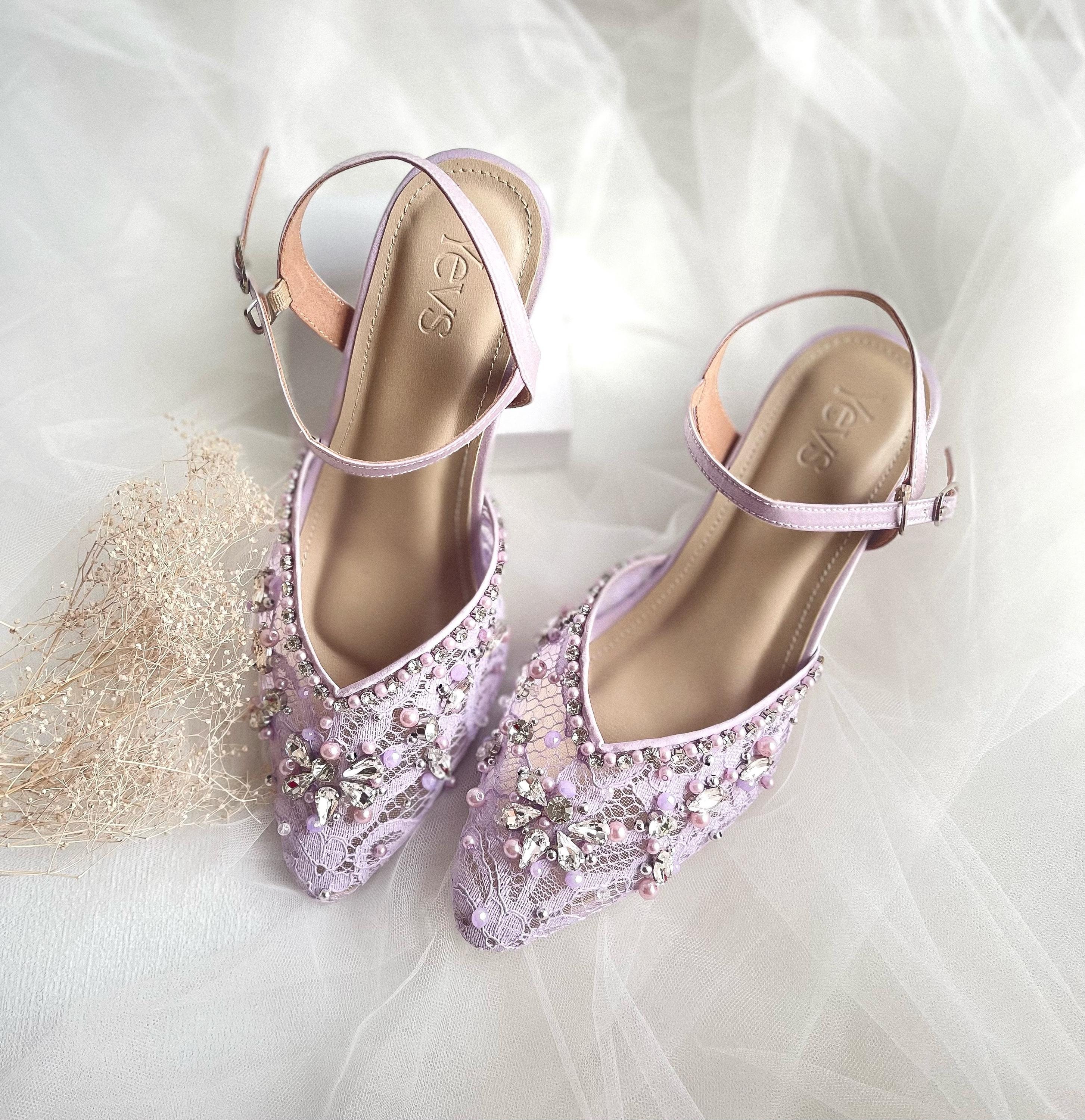 lilac lace embroidery pearl wedding heels, purple handmade bridesmaid…