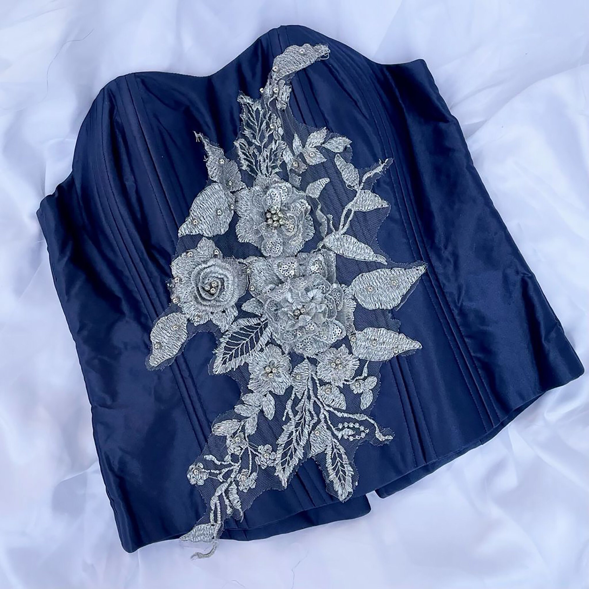 Navy Blue Bridal Corset Embroidery Prom Floral Classy Etsy