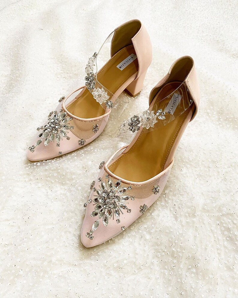 Zapato plano blanco transparente para fiestas, zapato nupcial elegante con cuentas de cristal, zapato elegante para invitadas de boda, zapato clásico sencillo y minimalista con pedrería imagen 5