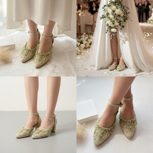 sage green pearl beaded wedding shoe, lace romantic bridal shoe, closes toe minimalist bridesmaid heel, modest elegant bridal flats image 2