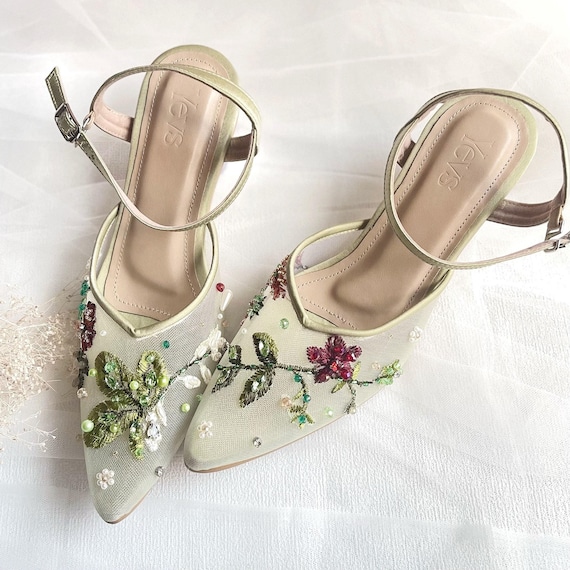 Sage Green Floral Embroidery Party Shoe, Comfort Low Heels