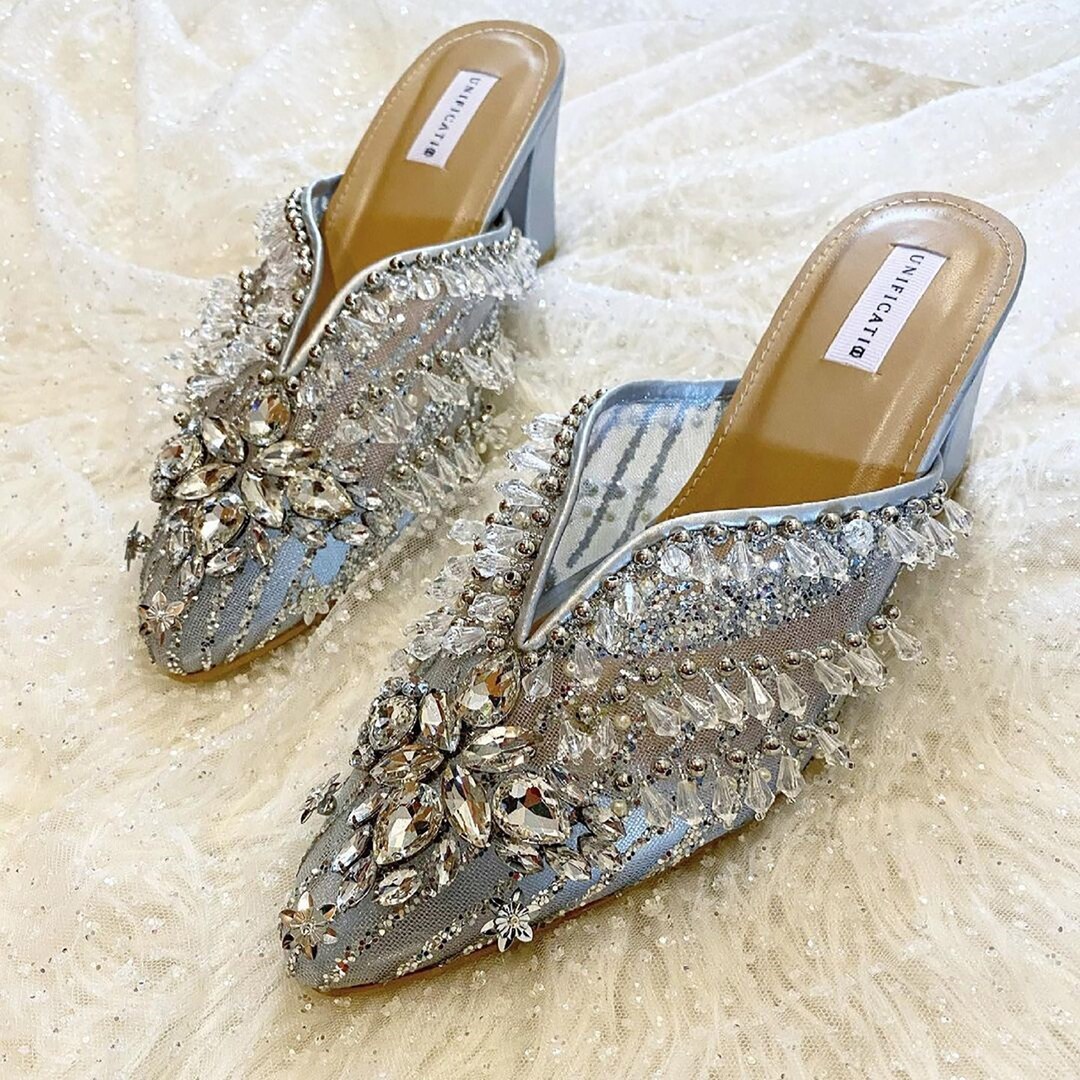 Silver Beaded Glamour Wedding Mules, Bridal Silver Clear High Heel ...