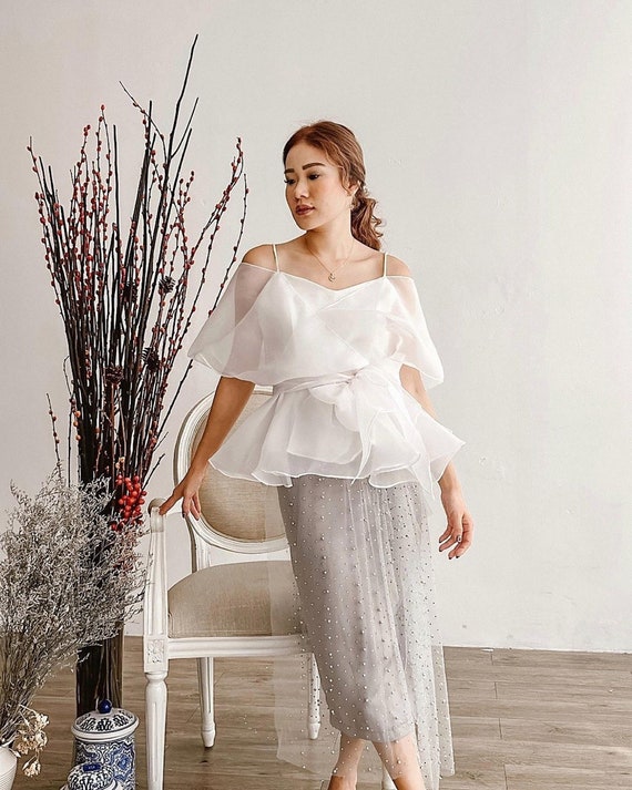 White Organza off Shoulder Top, Princess Elegant Party White Organza off Shoulder Top, Princess Elegant Party