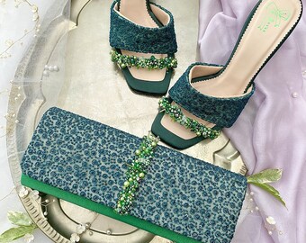 emerald green sandal match clutch, evening party shoe and bag set, exclusive wedding guest mules evening bag, handmade embroidered heels