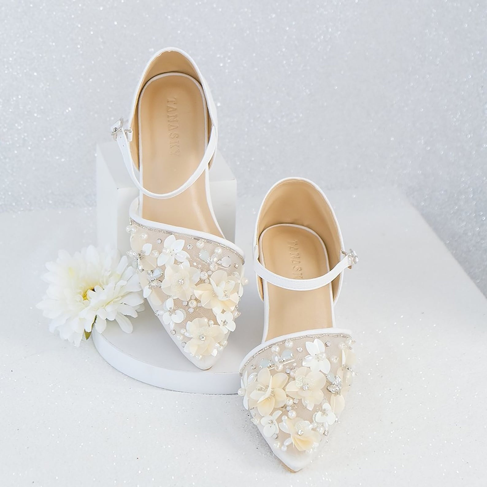 Rustic Heels Ivory Floral Pointed Toe Embroidery Heels, Elegant Rustic Beaded Flat ...