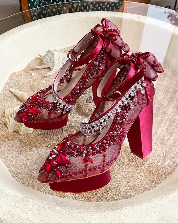 Buy Maroon Embroidered Hir Velvet Block Heels by Rajasthani Stuff Online at  Aza Fashions.