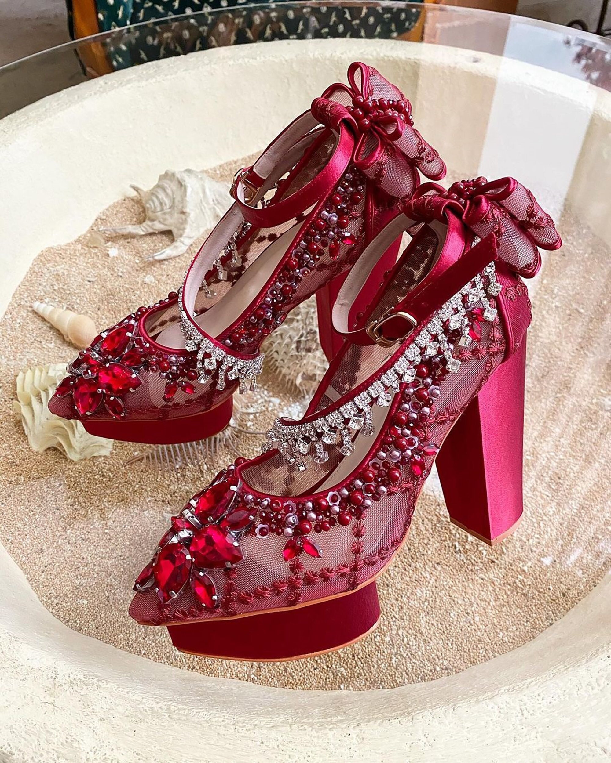 Maroon bridal mid heels sandal with handmade embroidery -