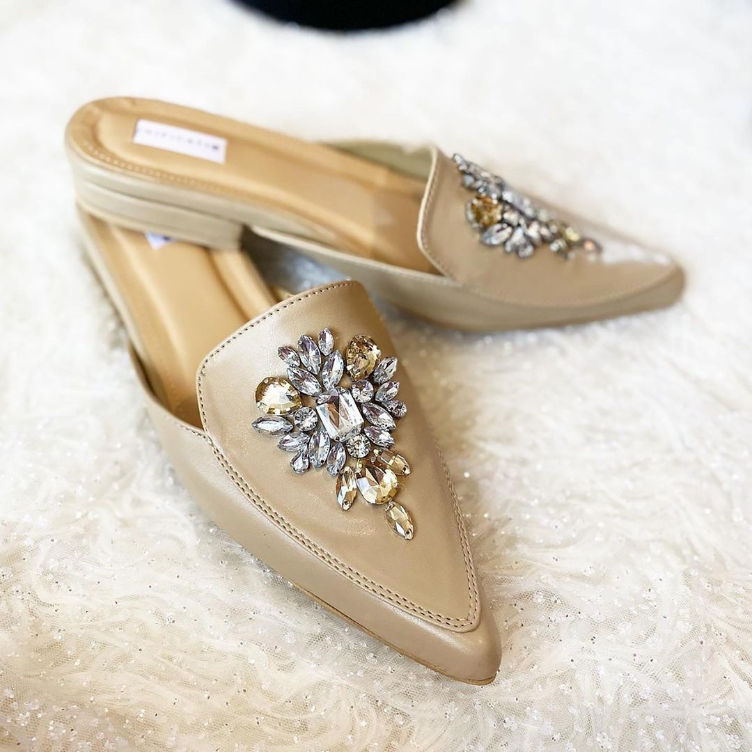Leather Champagne Rhinestone Beaded Mules, Woman Formal Mules, Holiday