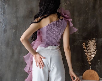 One Shoulder 3d Floral Organza Top, Bloom Rose Sexy Organza