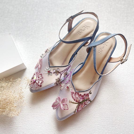 Denim Blue Butterfly Embroidery Bridal Heel, Handmade Ankle Strap Elegant Shoe, Unique Full Color Statement Party Shoe, Pointed Toe Shoe - Etsy Denim Blue Butterfly Embroidery Bridal Heel, Handmade Ankle Strap Elegant Shoe, Unique Full Color Statement Party Shoe, Pointed Toe Shoe - Etsy