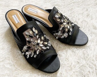 beaded black woman mules, rhinestone women heels bridesmaid shoes, unique embroidered clogs