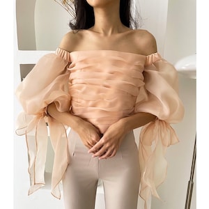 princess organza drapery top, autumn classy top, party off shoulder blouse, fancy top, puff sleeves elegant top, summer simple party top