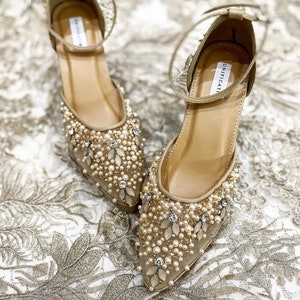 full pearl beaded gold fairytale wedding shoes, princess high heels, pearl pointed toe shoes, shiny glam cinderella heel, crystal shoe