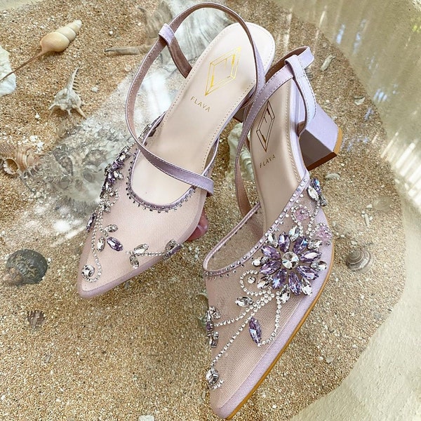 lavender transparent floral party shoe, elegant rhinestone high heel, custom glam evening party sandal, princess shoe, cinderella ankle shoe