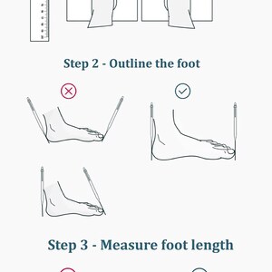 May include: A step-by-step guide on how to measure your foot for shoes. The illustration shows a person tracing their foot on a piece of paper, then measuring the length of the tracing with a ruler.